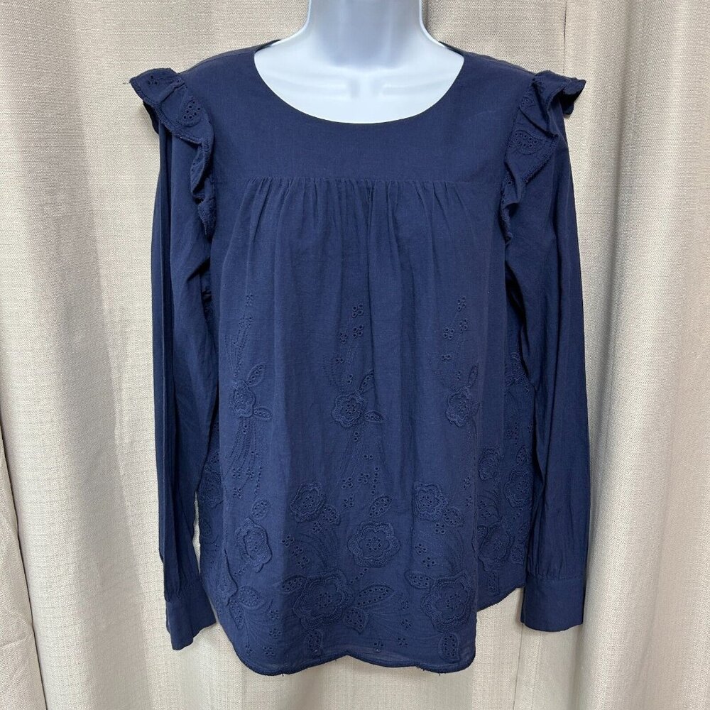 STS Sail To Sable Long Sleeve Eyelet Ruffle Shoulder Top Women's Size Large Blue